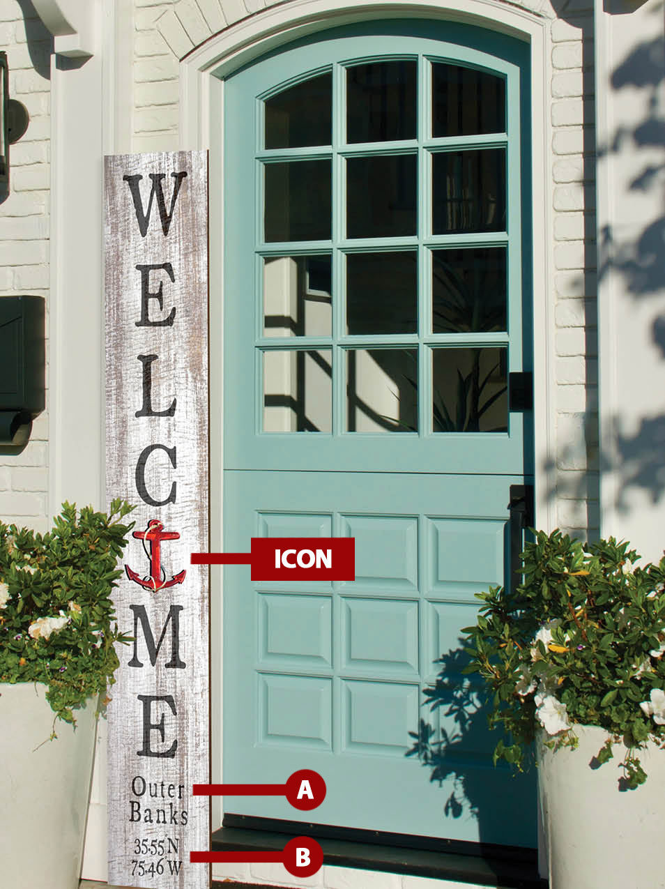 Customizable Coastal Farmhouse Welcome Sign | Icon Choice | Wall Art Print on Real Wood | 9.5"x59"