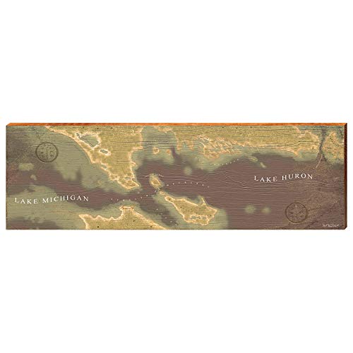 Lake Michigan, Lake Huron Sepia Map Home Decor Art Print on Real Wood