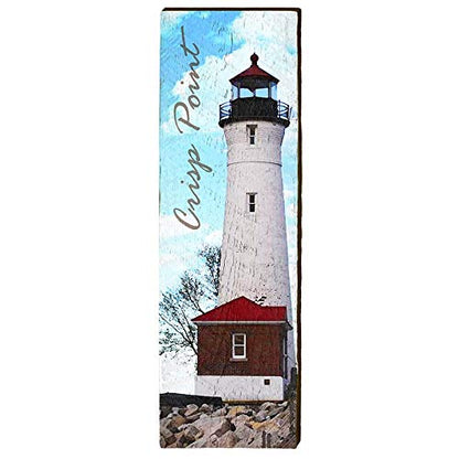 Crisp Point, Michigan Lighthouse Wooden Sign | Wall Art Print on Real Wood 