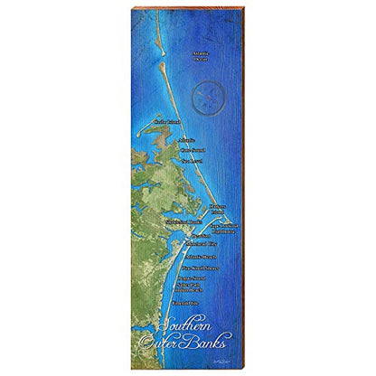 Southern Outer Banks with Names Map Home Decor Art Print on Real Wood