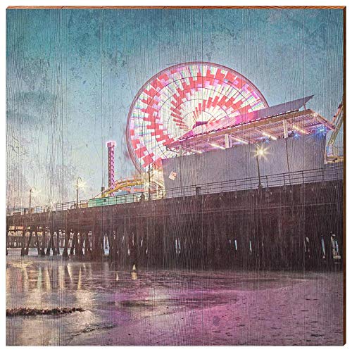 Santa Monica Ferris Wheel Evening Home Decor Art Print on Real Wood