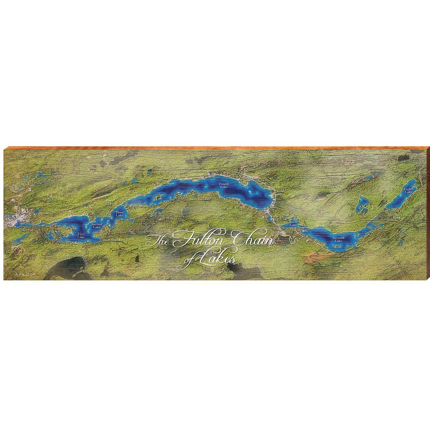 The Fulton Chain of Lakes Map Home Decor Art Print on Real Wood