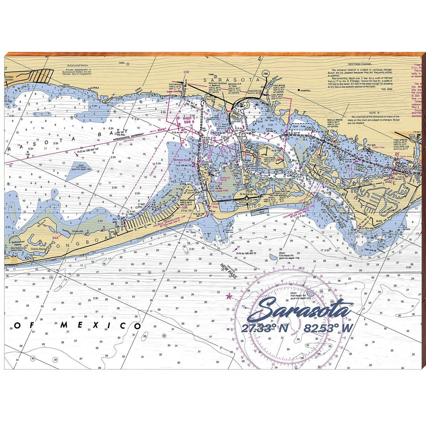 Sarasota NOAA Chart | Wall Art Print on Real Wood