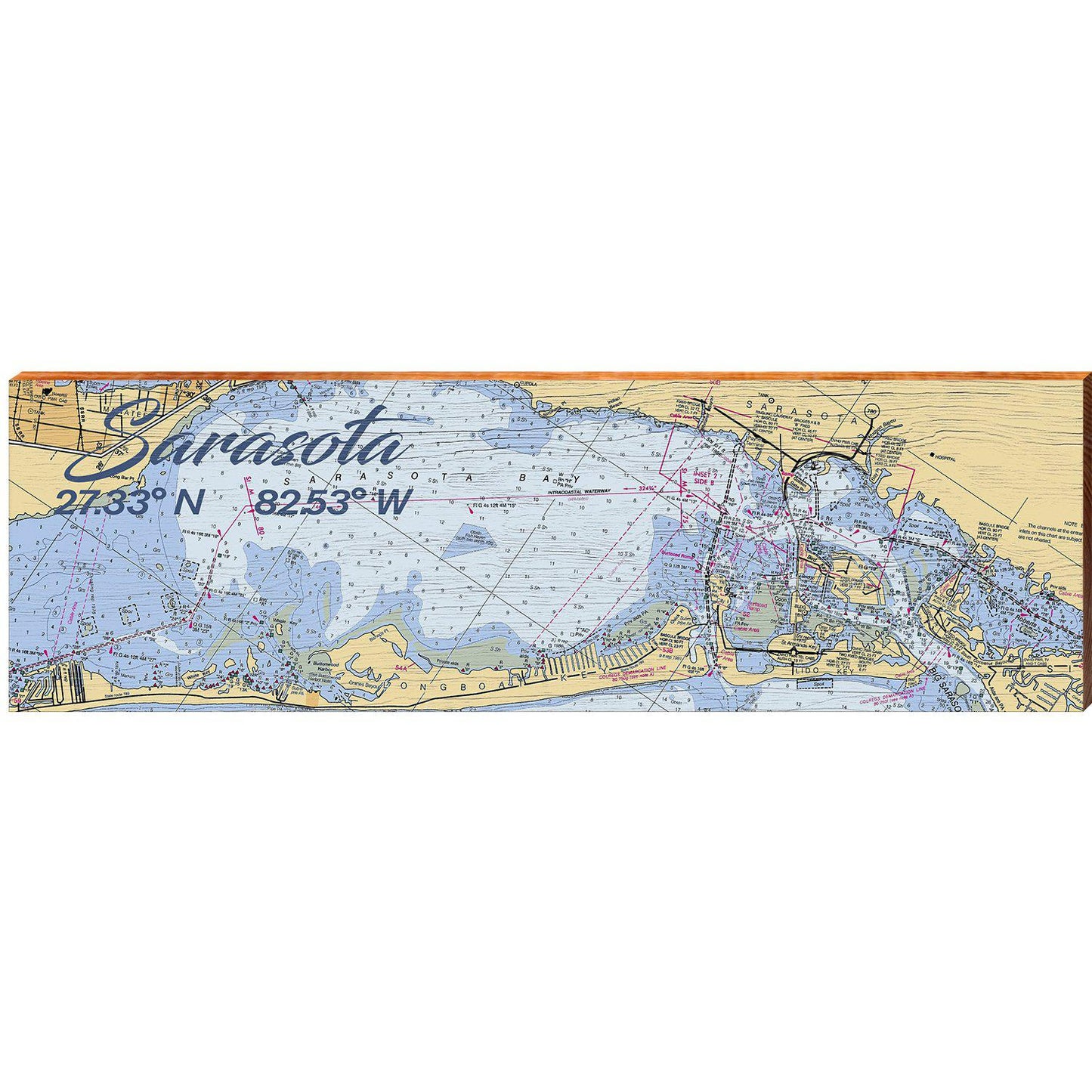 Sarasota, Florida Latitude Longitude Map Wooden Sign | Wall Art Print on Real Wood