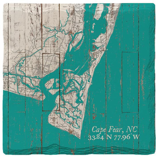 Cape Fear, NC Teal & White Shabby Map Coaster