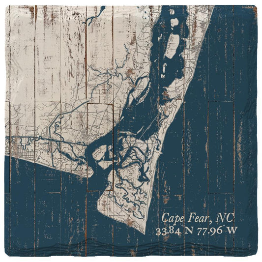 Cape Fear, North Carolina Drink Coaster | Navy & White Shabby Map