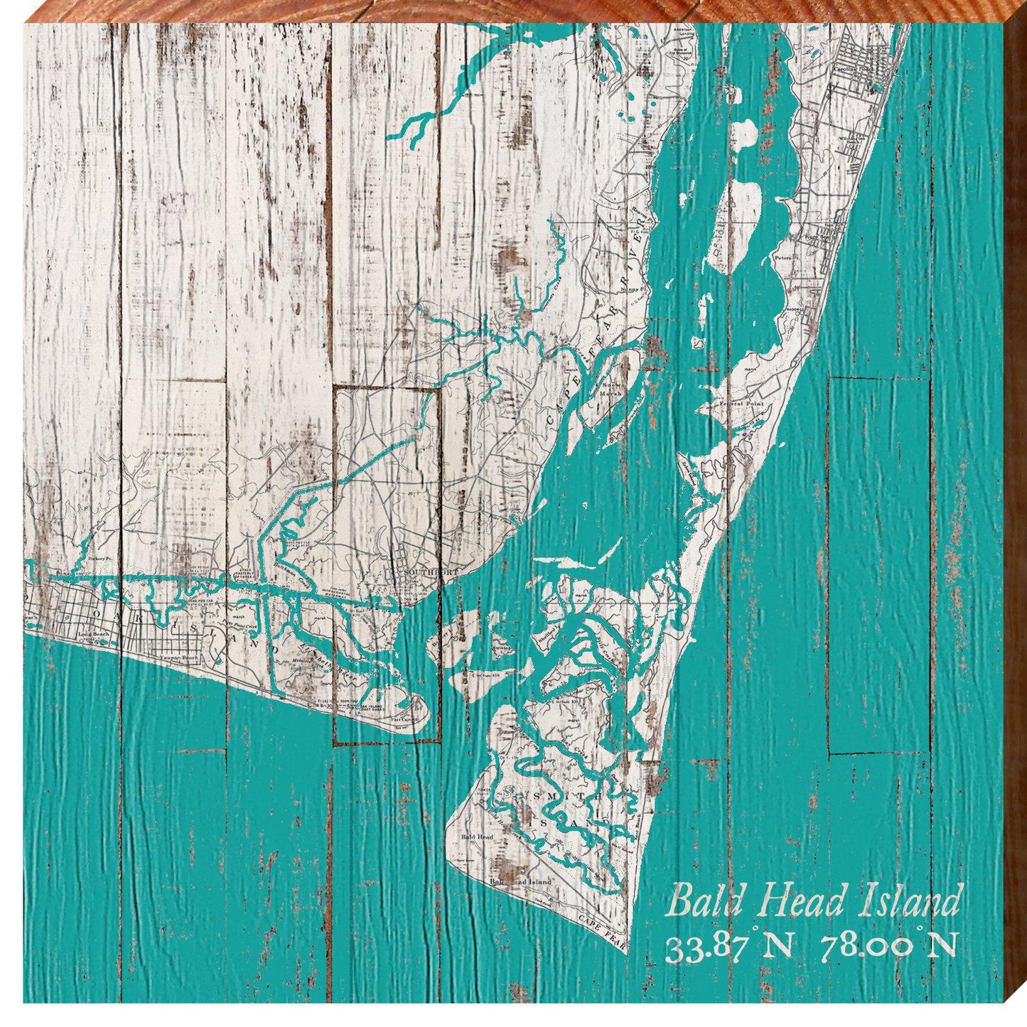 Bald Head Island Teal & White Shabby Map | Wall Art Print on Real Wood