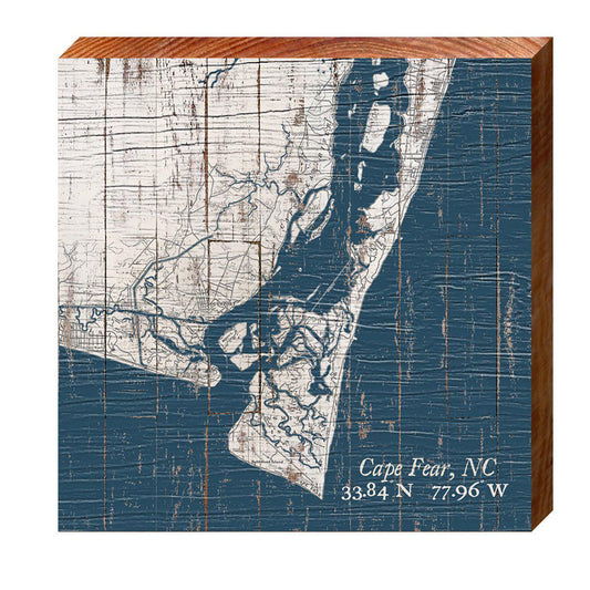 Cape Fear, NC Navy & White Shabby Map | Wall Art Print on Real Wood