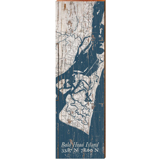 Bald Head Island Navy & White Shabby Map | Wall Art Print on Real Wood