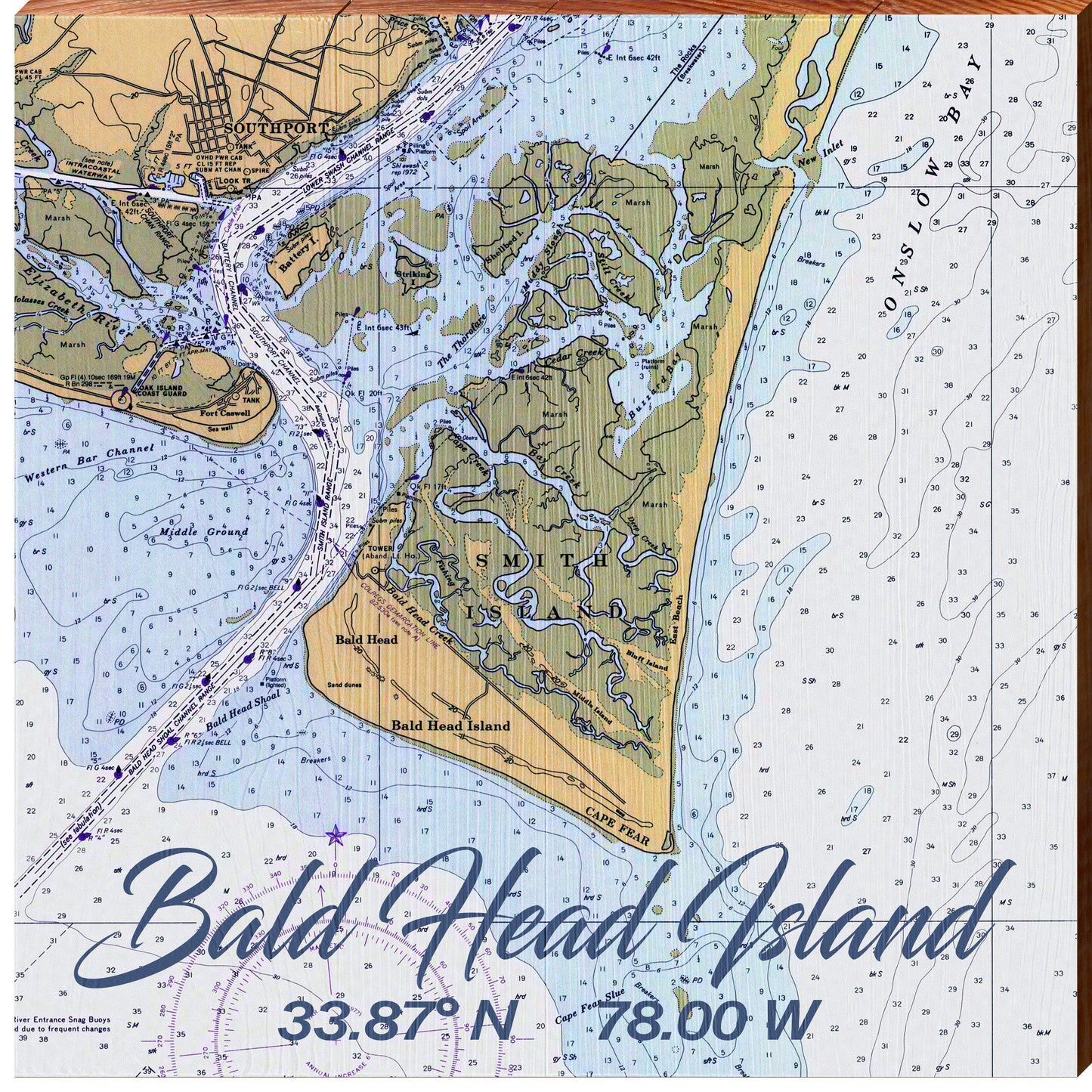 Bald Head Island NOAA Chart Map | Wall Art Print on Real Wood