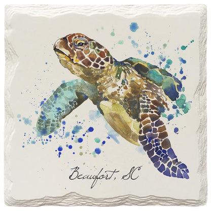 Watercolor Sea Turtle Beaufort, SC | Absorbent Ceramic Drink Coaster