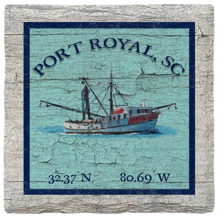 Port Royal, SC Shrimp Boat Blue Latitude Longitude | Absorbent Ceramic Drink Coaster