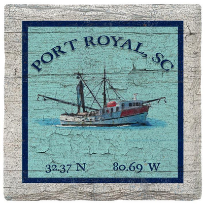 Port Royal, SC Shrimp Boat Blue Latitude Longitude | Absorbent Ceramic Drink Coaster