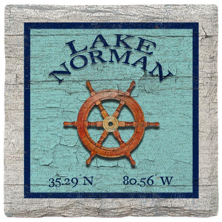 Lake Norman Boat Wheel Blue Latitude Longitude | Absorbent Ceramic Drink Coaster