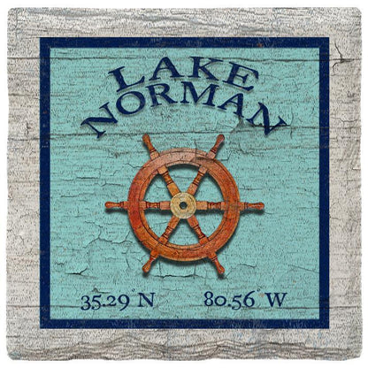 Lake Norman Boat Wheel Blue Latitude Longitude | Absorbent Ceramic Drink Coaster
