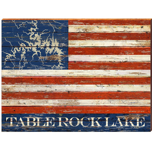 Table Rock Lake American Flag Wooden Sign | Wall Print on Real Wood | Lake Shape Decor