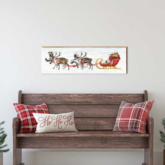 Santa Sleigh & Reindeer Christmas Wooden Sign | Wall Art Print on Real Wood | Holiday Sign Decor