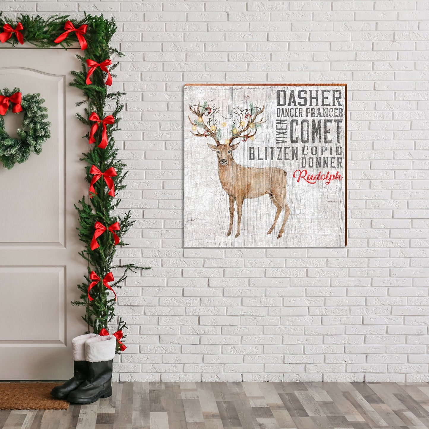 Santa Reindeer Sign | Wall Art Print on Real Wood