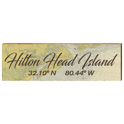 Hilton Head Island, South Carolina Antique Styled Latitude Longitude Map Wooden Sign | Wall Art Print on Real Wood