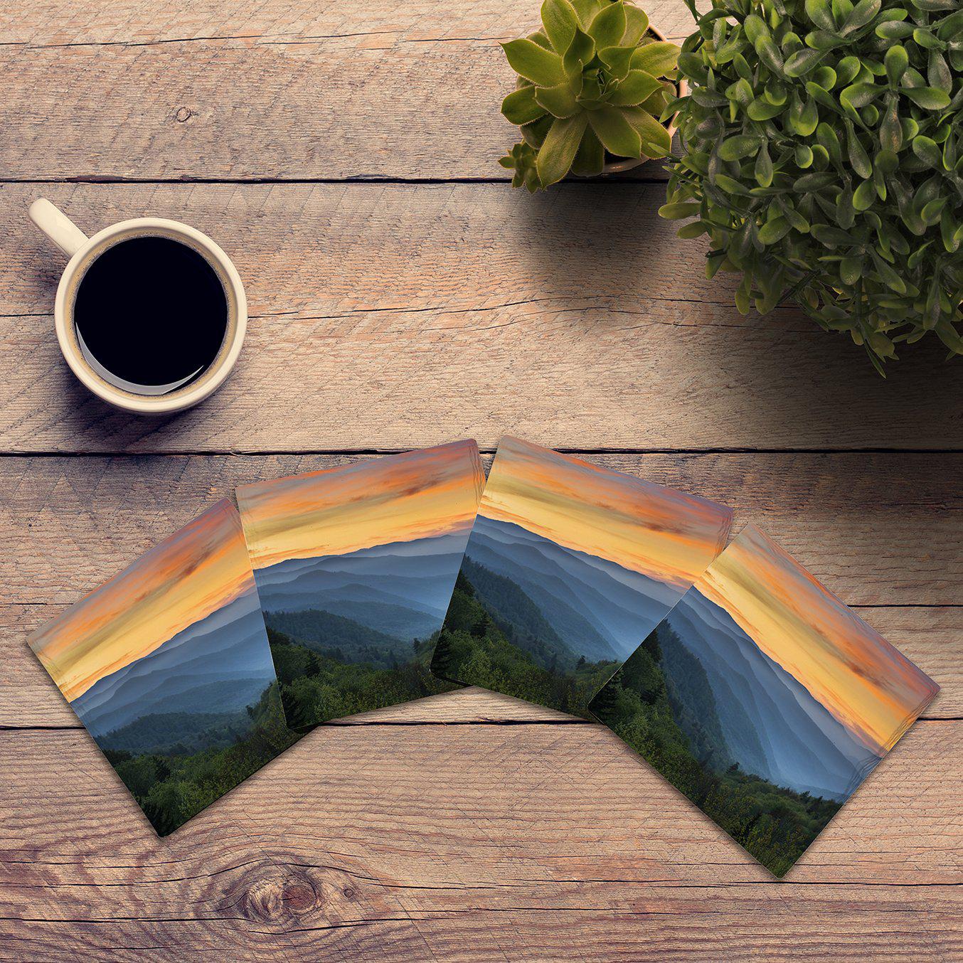 Blue Ridge Mountains Sunset Coaster Absorbent Ridged Ceramic with Cork Backing