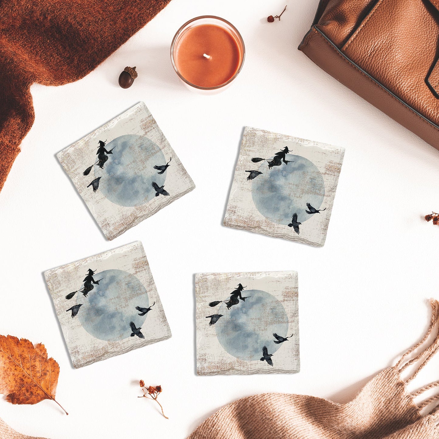 Halloween Watercolor Moon & Flying Witch | Drink Coaster