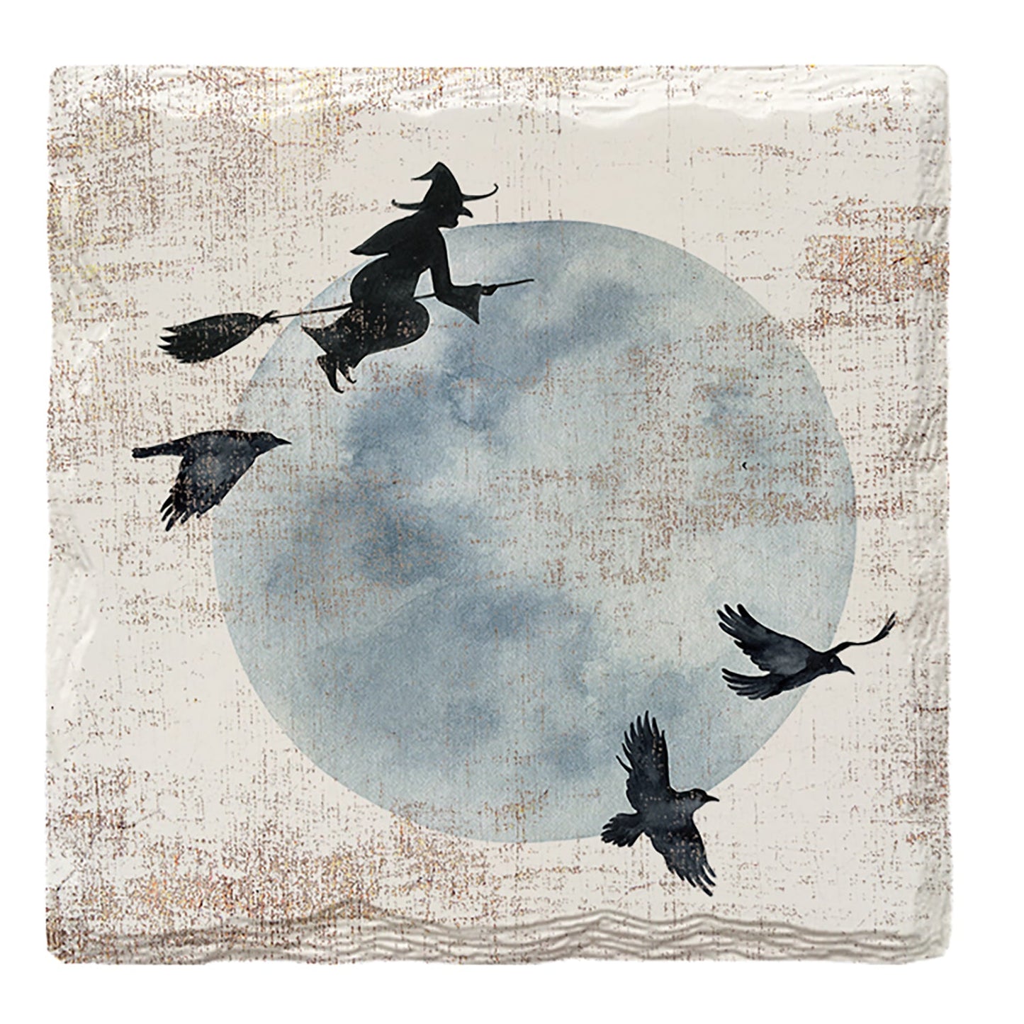 Halloween Watercolor Moon & Flying Witch | Drink Coaster