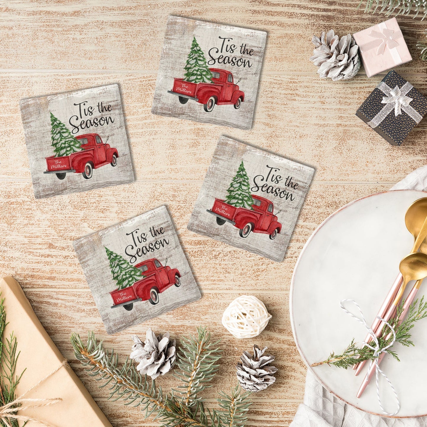 Customizable Holiday Christmas Red Truck | Drink Coaster