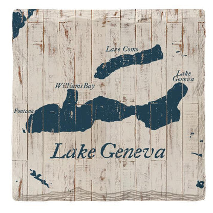 Lake Geneva, Wisonson Shabby Blue Map |Drink Coaster