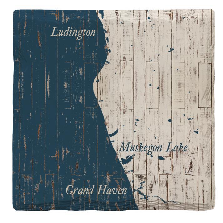 Ludington to Grand Haven, Michigan Shabby Blue Map | Drink Coaster