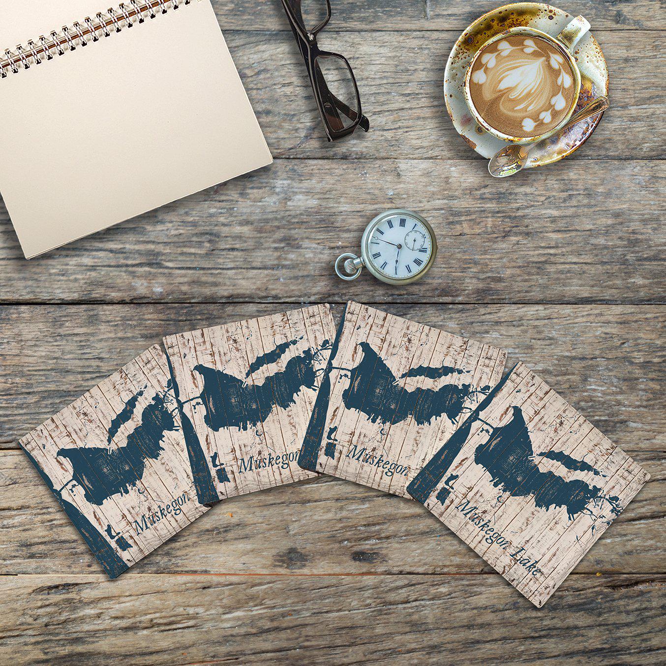 Muskegon Lake, Michigan Map Coasters | Drink Coaster with Cork Backing