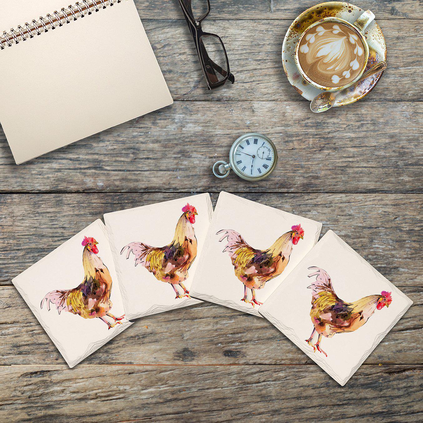 Watercolor Rooster | Drink Coaster with Cork Backing