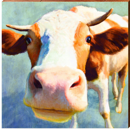 Whimsy Curious Cow | Wall Art Print on Real Wood