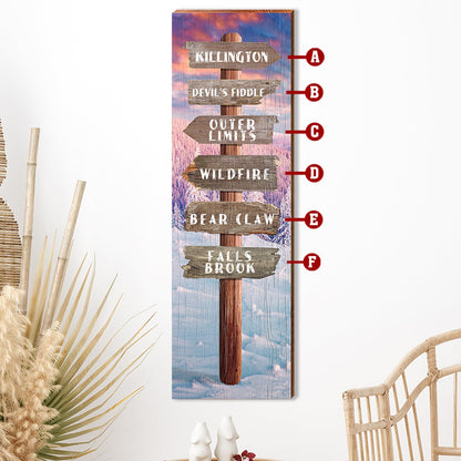 Customizable Mountain Sunset Snow Directional Sign | Wall Art Print on Real Wood