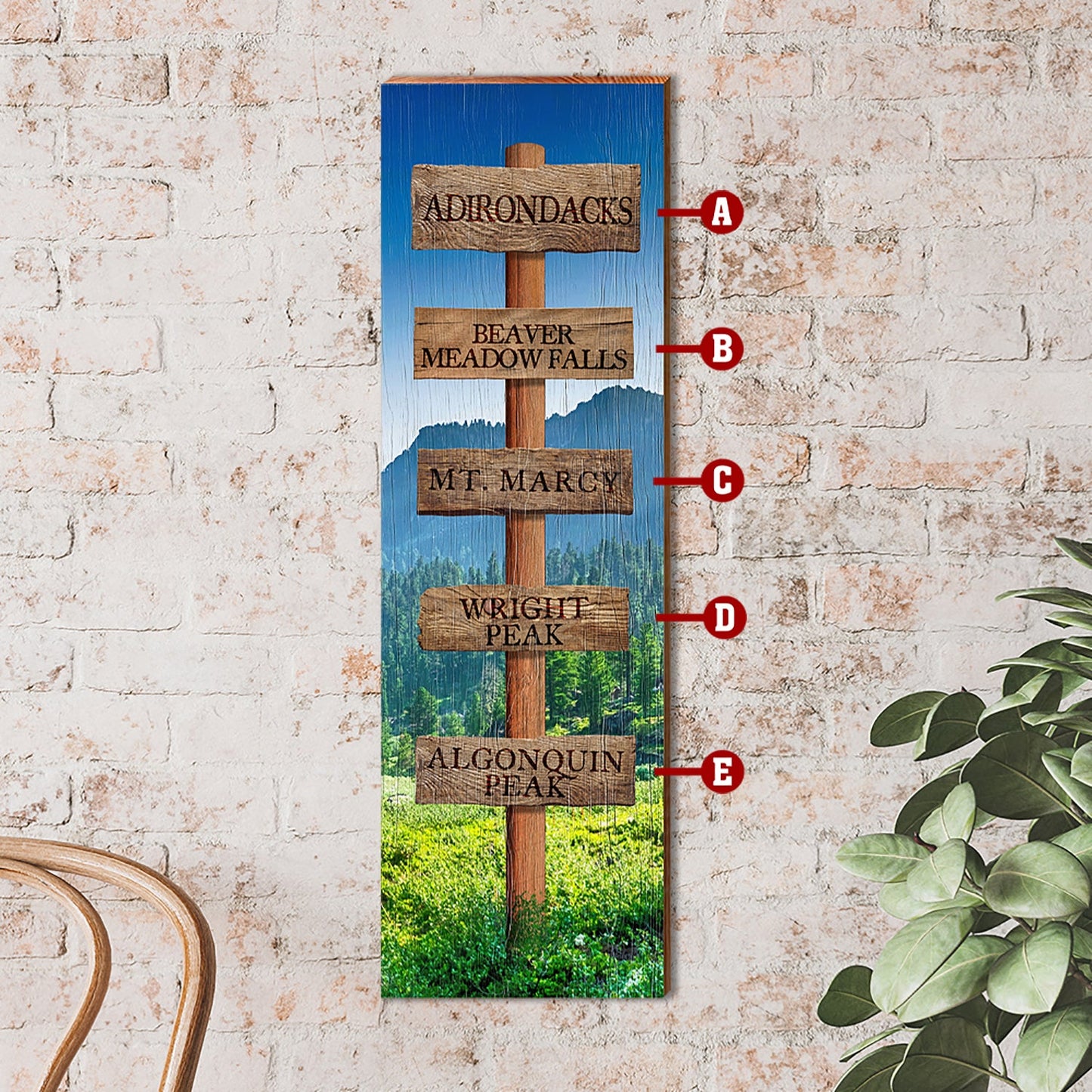 Customizable Eastern Summer Mountains Directional Sign | Wall Art Print on Real Wood