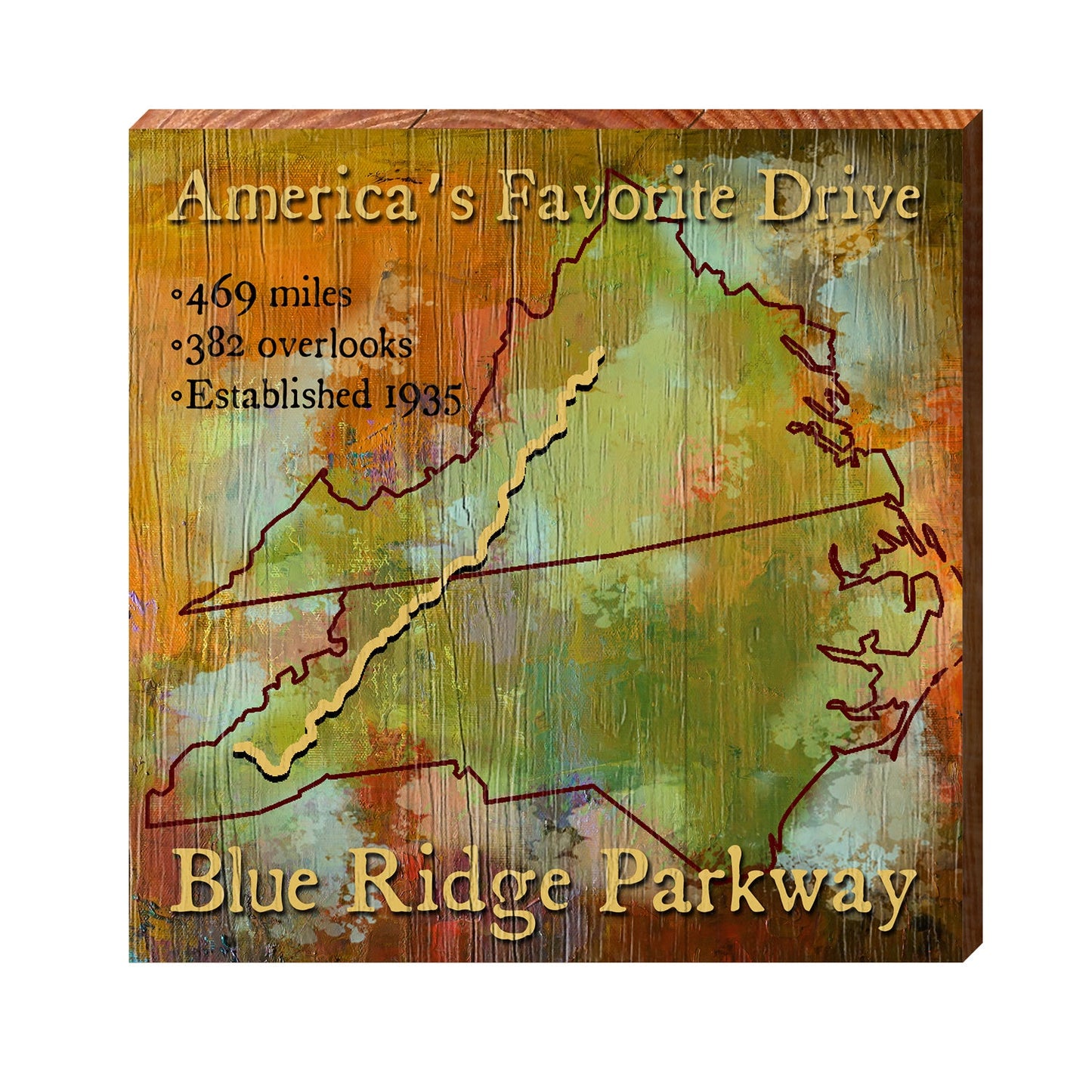 Blue Ridge Parkway Map Sign | Real Art Print on Wood