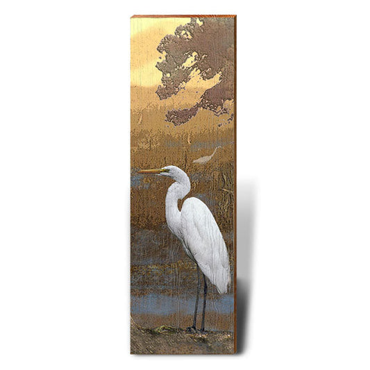 Egret at Dusk Wooden Sign | Wall Art Print on Real Wood