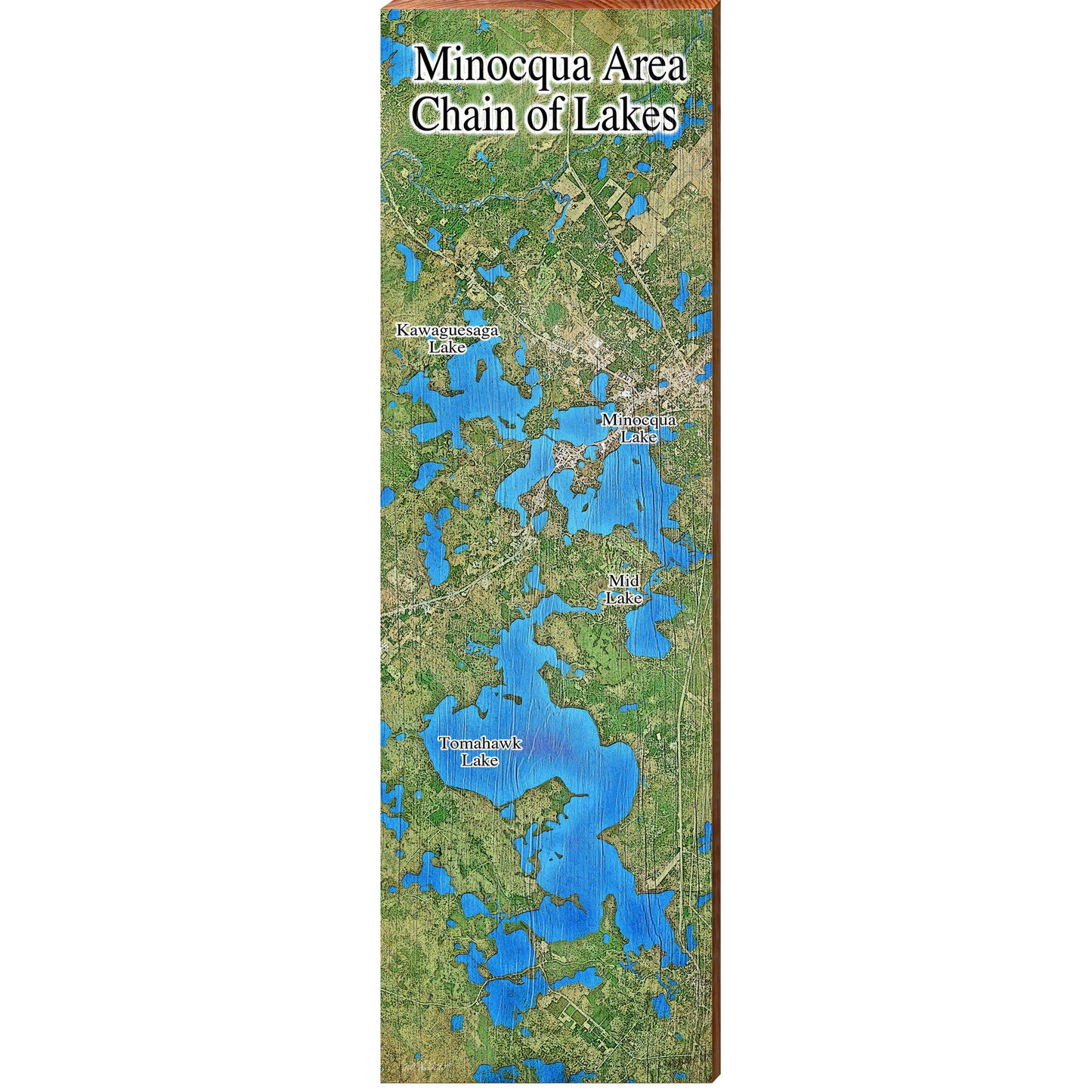 Minocqua Area Chain of Lakes Satellite Map FIR2 | Wall Art Print on Real Wood