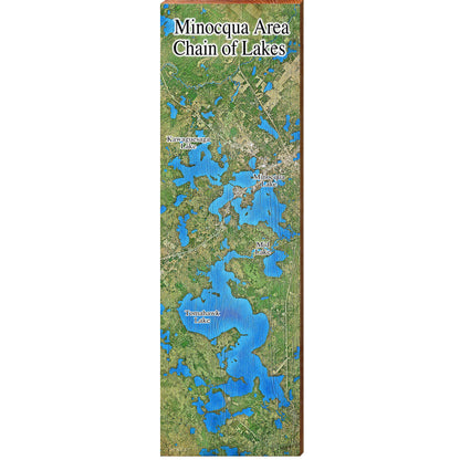 Minocqua Area Chain of Lakes Satellite Map FIR2 | Wall Art Print on Real Wood