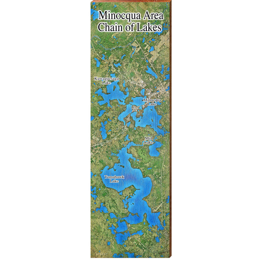 Minocqua Area Chain of Lakes Satellite Map FIR2 | Wall Art Print on Real Wood