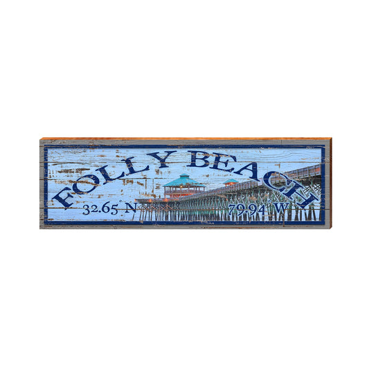 Folly Beach Pier Latitude Longitude | Wall Art Print on Real Wood