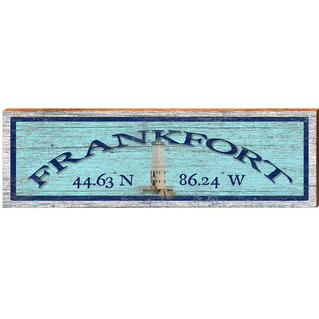 Frankfort Lighthouse Blue Latitude Longitude | Wall Art Print on Real Wood