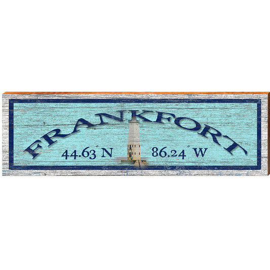 Frankfort Lighthouse Blue Latitude Longitude | Wall Art Print on Real Wood
