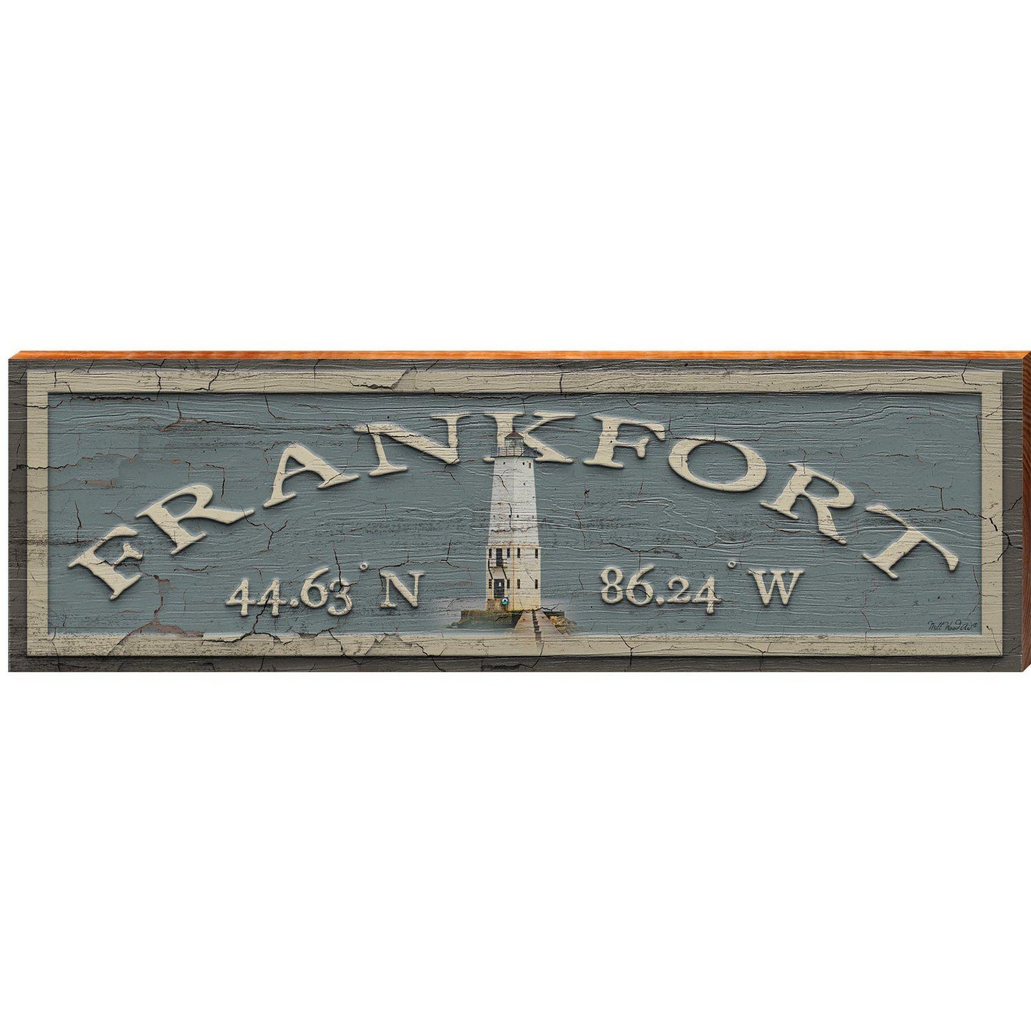 Frankfort Lighthouse Blue Latitude Longitude | Wall Art Print on Real Wood