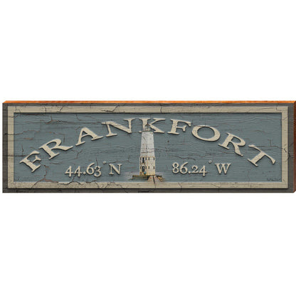 Frankfort Lighthouse Blue Latitude Longitude | Wall Art Print on Real Wood