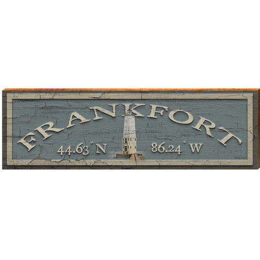 Frankfort Lighthouse Blue Latitude Longitude | Wall Art Print on Real Wood