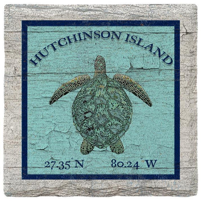 Hutchinson Island Sea Turtle Blue Latitude Longitude | Absorbent Ceramic Drink Coaster
