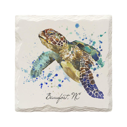 Beaufort, NC Watercolor Sea Turtle | Absorbent Ceramic Drink Coaster
