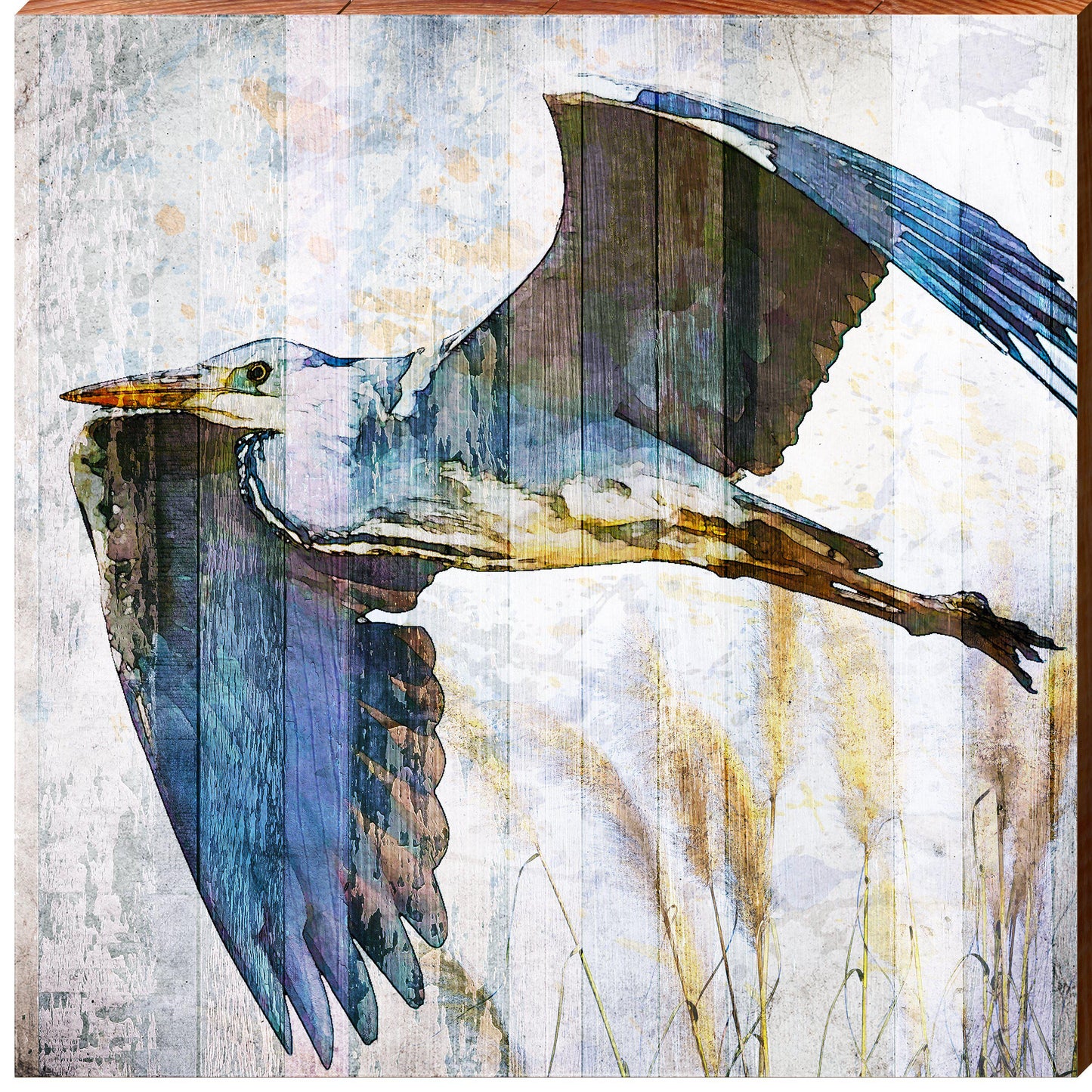 Watercolor Heron in Flight | Wall Art Print on Real Wood