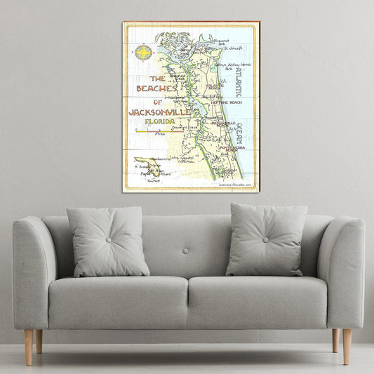 Beaches of Jacksonville, Florida Classical Map | Wall Art Print on Real Wood | Howard Handlen Art