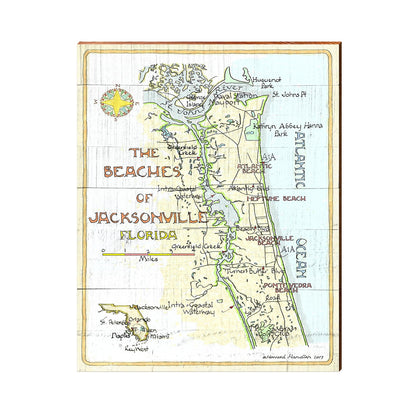 Beaches of Jacksonville, Florida Classical Map | Wall Art Print on Real Wood | Howard Handlen Art